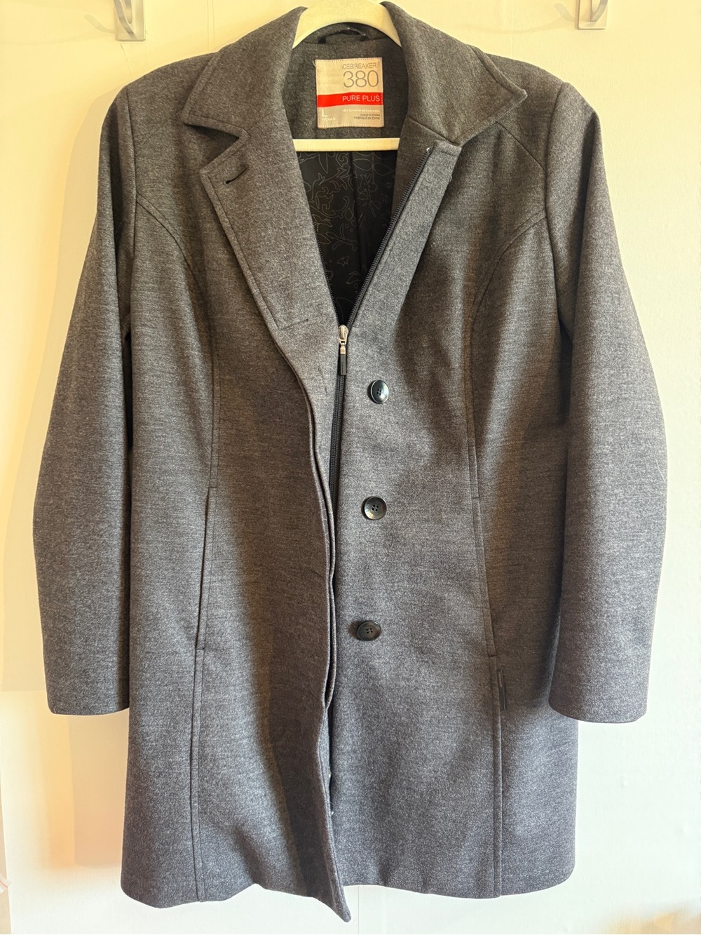 Icebreaker 380 Pure Plus Merino Wool Grey Long Coat Jacket Size L Pea Coat